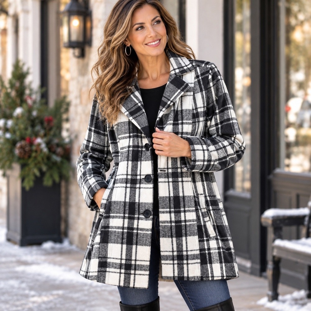 Joujou Womens VTG Black White Plaid Wool Blend Pea Coat Jacket Large
